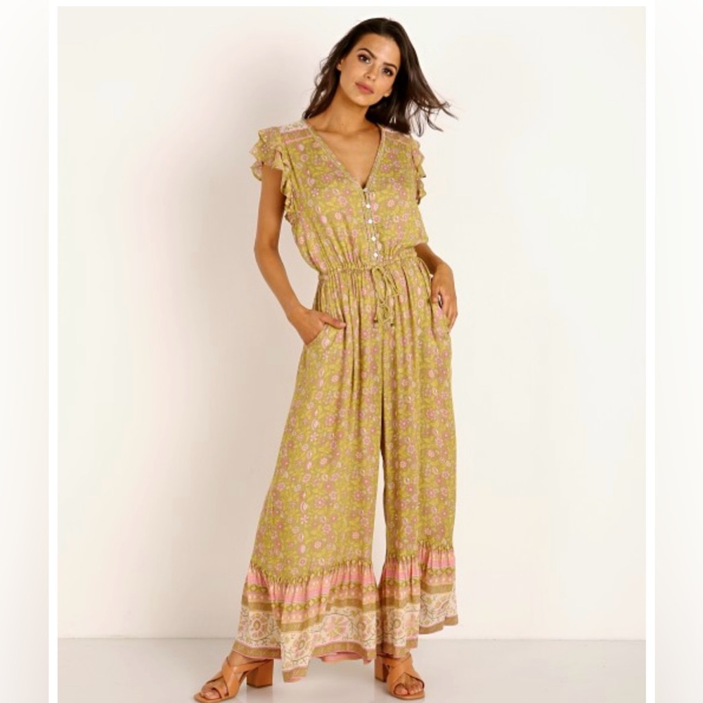 Spell Dahlia Jumpsuit green with Pink Trim
